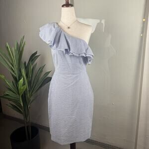 Old Money Nautical Preppy J. Crew Seersucker Striped One Shoulder Dress Size 4